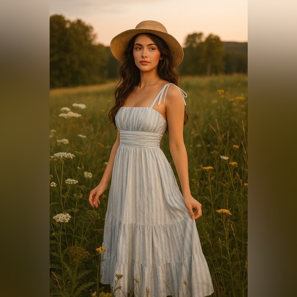 Mason’s Daughter sleeveless blue striped tiered maxi dress size medium sundress - Picture 1 of 10
